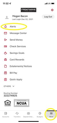 Image of More menu and Alerts option in Frontwave mobile app