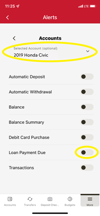 Image of selecting account in Alerts widget in Frontwave mobile app